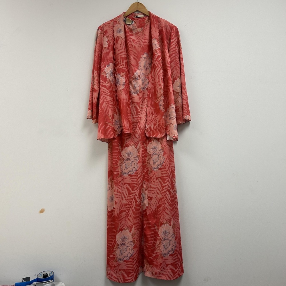 Vintage Brief Notes Dress Jacket Set Womens 14 Pink Floral Satin Maxi Tropical